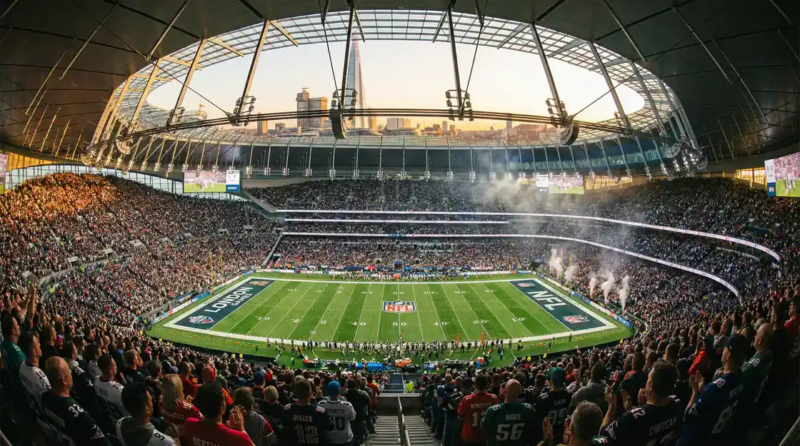 Jogo da NFL na Europa com estádio cheio de adeptos europeus de futebol americano